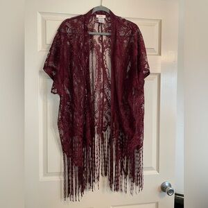 Burgundy Lace Fringe Kimono
